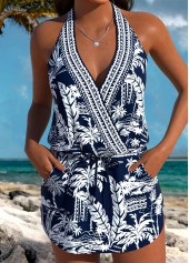 ROTITA Navy Three-piece Tropical Plants Print Mid Waisted Tankini Set