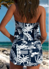 Navy swimwear,Plants swimwear,ROTITA Navy Three-piece Tropical Plants Print Mid Waisted Tankini Set