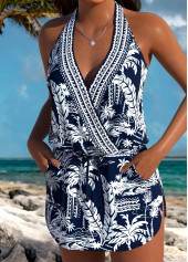 Navy swimwear,Plants swimwear,ROTITA Navy Three-piece Tropical Plants Print Mid Waisted Tankini Set