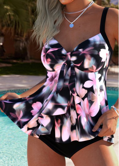 Pink swimwear,Floral swimwear,Plants swimwear,ROTITA Tummy Coverage Pink Floral Print Mid Waisted Tankini Set
