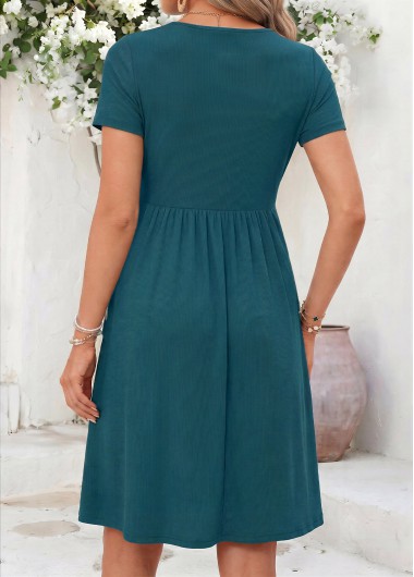 Turquoise dresses,Plain Color dresses,Everyday dresses,Casual dresses,ROTITA Turquoise Patchwork Heart Collar Short Sleeve Dress