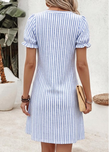 Blue dresses,Striped dresses,Geometric dresses,Everyday dresses,Casual dresses,ROTITA Blue Striped Double Side Pockets Short Split Neck Dress