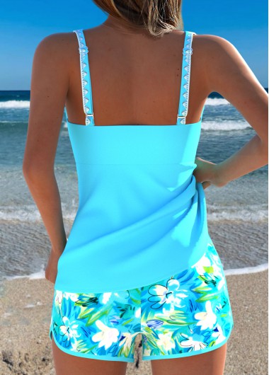 Blue swimwear,Floral swimwear,Plants swimwear,ROTITA Blue Two-piece Floral Print Mid Waisted Tankini Set