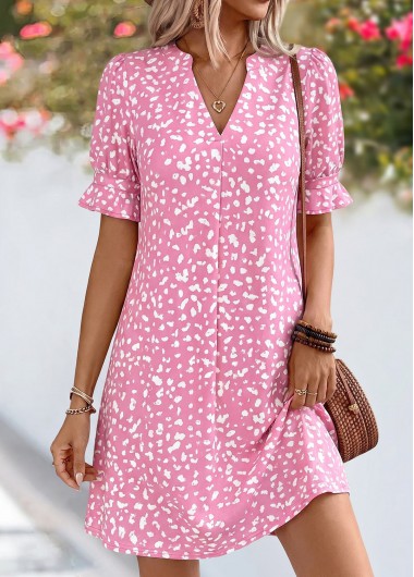 Pink dresses,Dot dresses,Everyday dresses,Casual dresses,ROTITA Pink Polka Dot Tummy Coverage Short Split Neck Dress