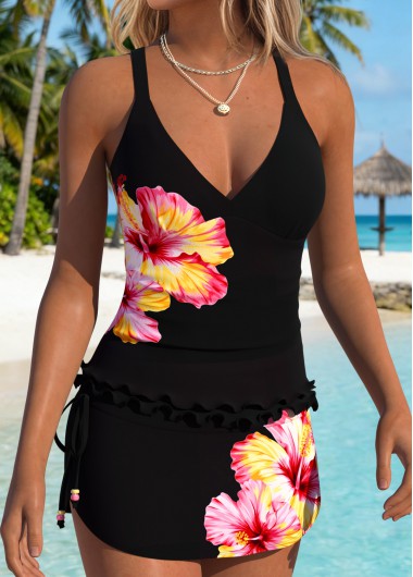 Black swimwear,Floral swimwear,Plants swimwear,ROTITA Black Frill Floral Print Mid Waisted Tankini Set