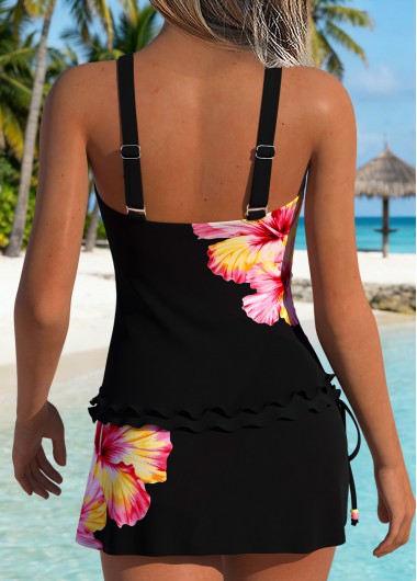 Black swimwear,Floral swimwear,Plants swimwear,ROTITA Black Frill Floral Print Mid Waisted Tankini Set