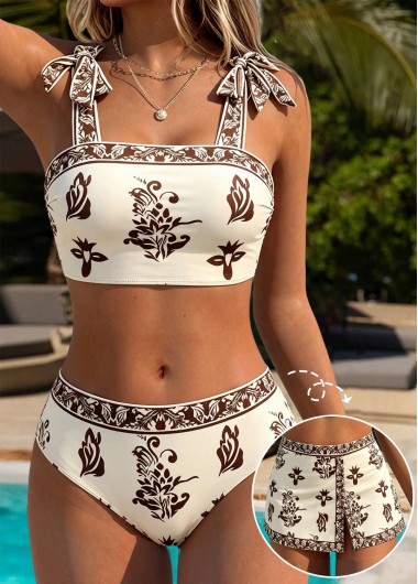 Beige swimwear,Plants swimwear,Floral swimwear,ROTITA Beige Three-piece Random Floral Print Mid Waisted Bikini Set