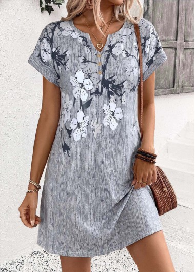 Grey dresses,Floral dresses,Plants dresses,Everyday dresses,Casual dresses,ROTITA Grey Floral Print Double Side Pockets Short Dress