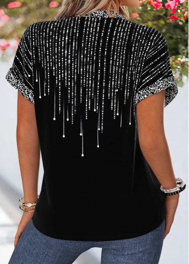 Black tops,Ombre tops,ROTITA Tummy Coverage Ombre Black Split Neck Short Sleeve Blouse