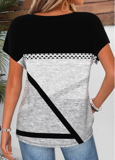 Black tops,Geometric tops,ROTITA Geometric Print Black Round Neck Short Sleeve T Shirt