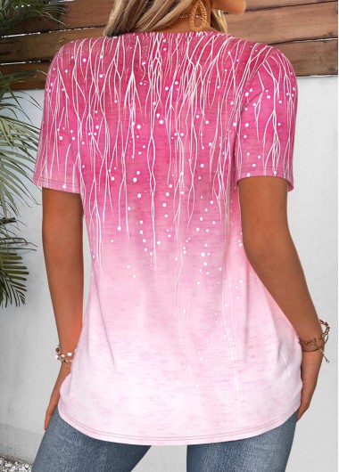 Hot Pink tops,Ombre tops,ROTITA Curved Hem Ombre Hot Pink Split Neck T Shirt