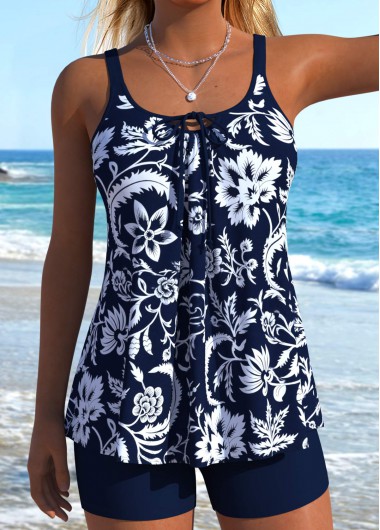 Navy plus size,Plants plus size,Floral plus size,ROTITA Plus Size Mid Waisted Lace Up Navy Tankini Set