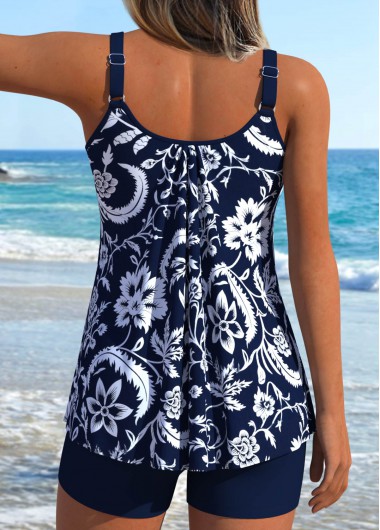 Navy plus size,Plants plus size,Floral plus size,ROTITA Plus Size Mid Waisted Lace Up Navy Tankini Set