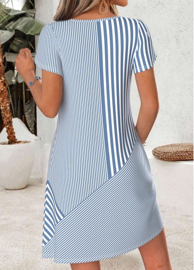 Blue dresses,Striped dresses,Geometric dresses,Everyday dresses,Casual dresses,ROTITA Blue Striped Asymmetry Short Asymmetrical Neck Dress