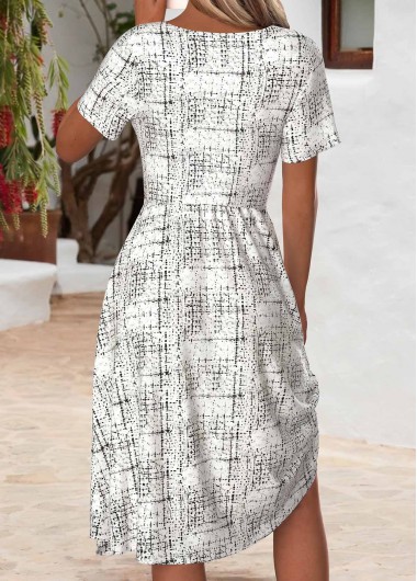 White dresses,Geometric dresses,Everyday dresses,Casual dresses,ROTITA White Geometric Print Tummy Coverage V Neck Dress
