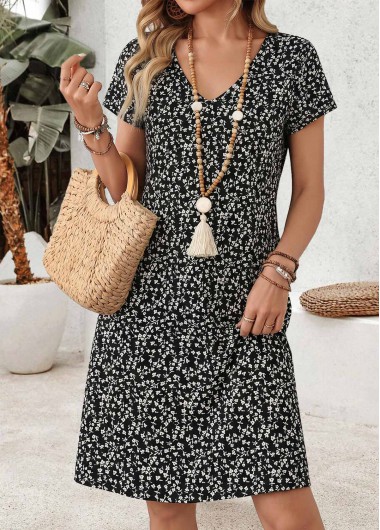 Black dresses,Ditsy Floral dresses,Everyday dresses,Casual dresses,ROTITA Black Ditsy Floral Print Tummy Coverage Short Dress