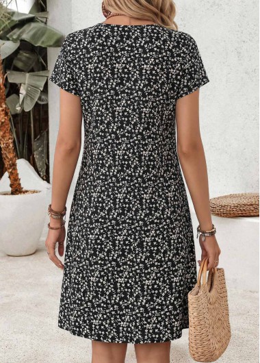 Black dresses,Ditsy Floral dresses,Everyday dresses,Casual dresses,ROTITA Black Ditsy Floral Print Tummy Coverage Short Dress