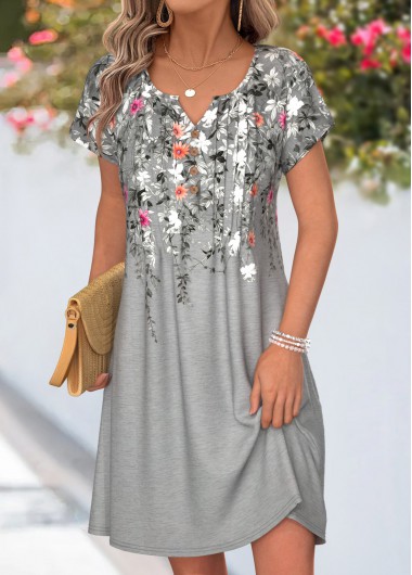 Grey dresses,Floral dresses,Plants dresses,Everyday dresses,Casual dresses,ROTITA Grey Floral Print Tuck Stitch Short Split Neck Dress