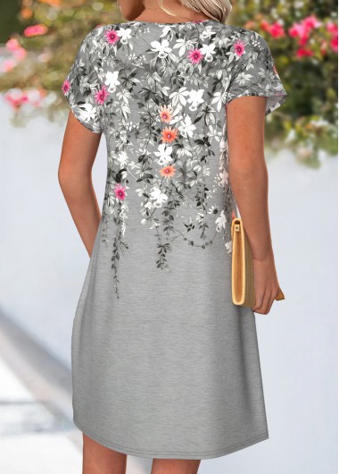 Grey dresses,Floral dresses,Plants dresses,Everyday dresses,Casual dresses,ROTITA Grey Floral Print Tuck Stitch Short Split Neck Dress