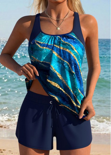 Navy swimwear,Marble swimwear,ROTITA Navy Tummy Coverage Marble Print Mid Waisted Tankini Set