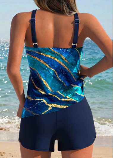 Navy swimwear,Marble swimwear,ROTITA Navy Tummy Coverage Marble Print Mid Waisted Tankini Set