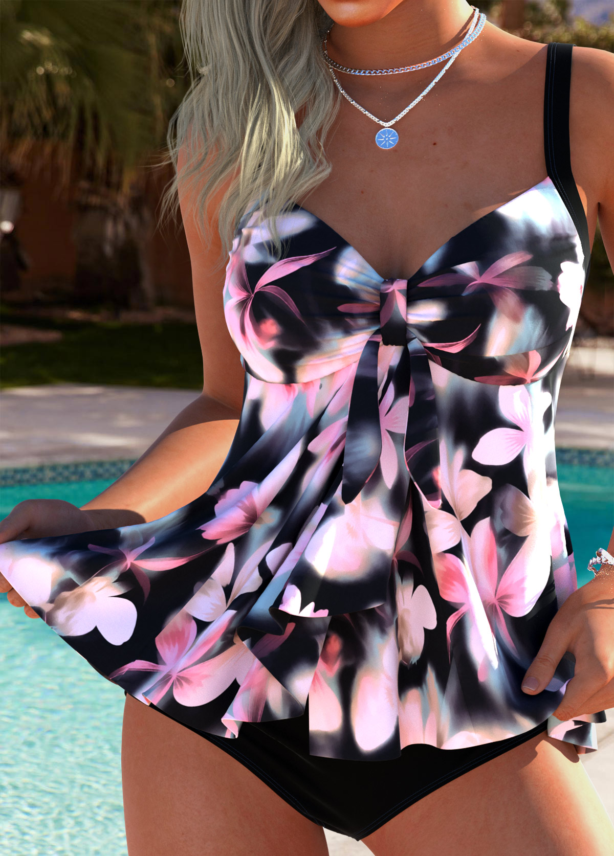 Pink swimwear,Floral swimwear,Plants swimwear,ROTITA Tummy Coverage Pink Floral Print Mid Waisted Tankini Set