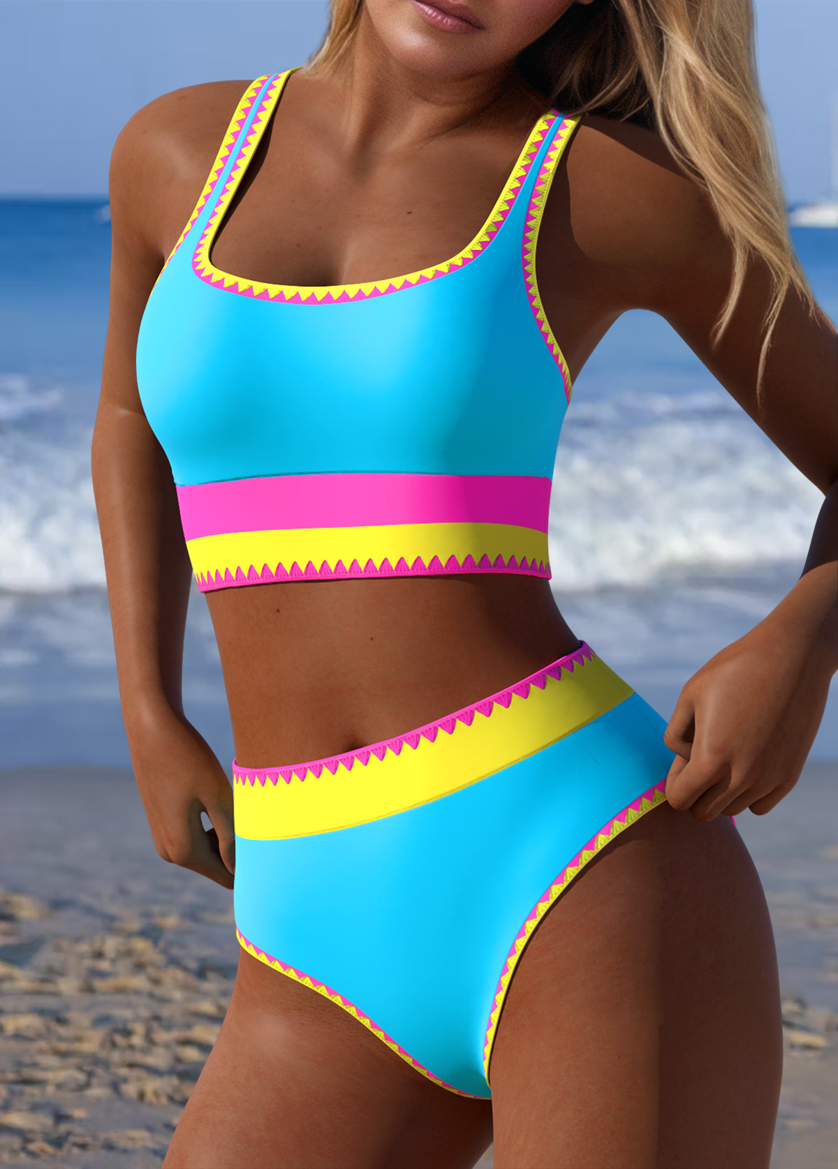 Multi Color swimwear,Contrast Color swimwear,ROTITA Multi Color Mid Waisted Bikini Set