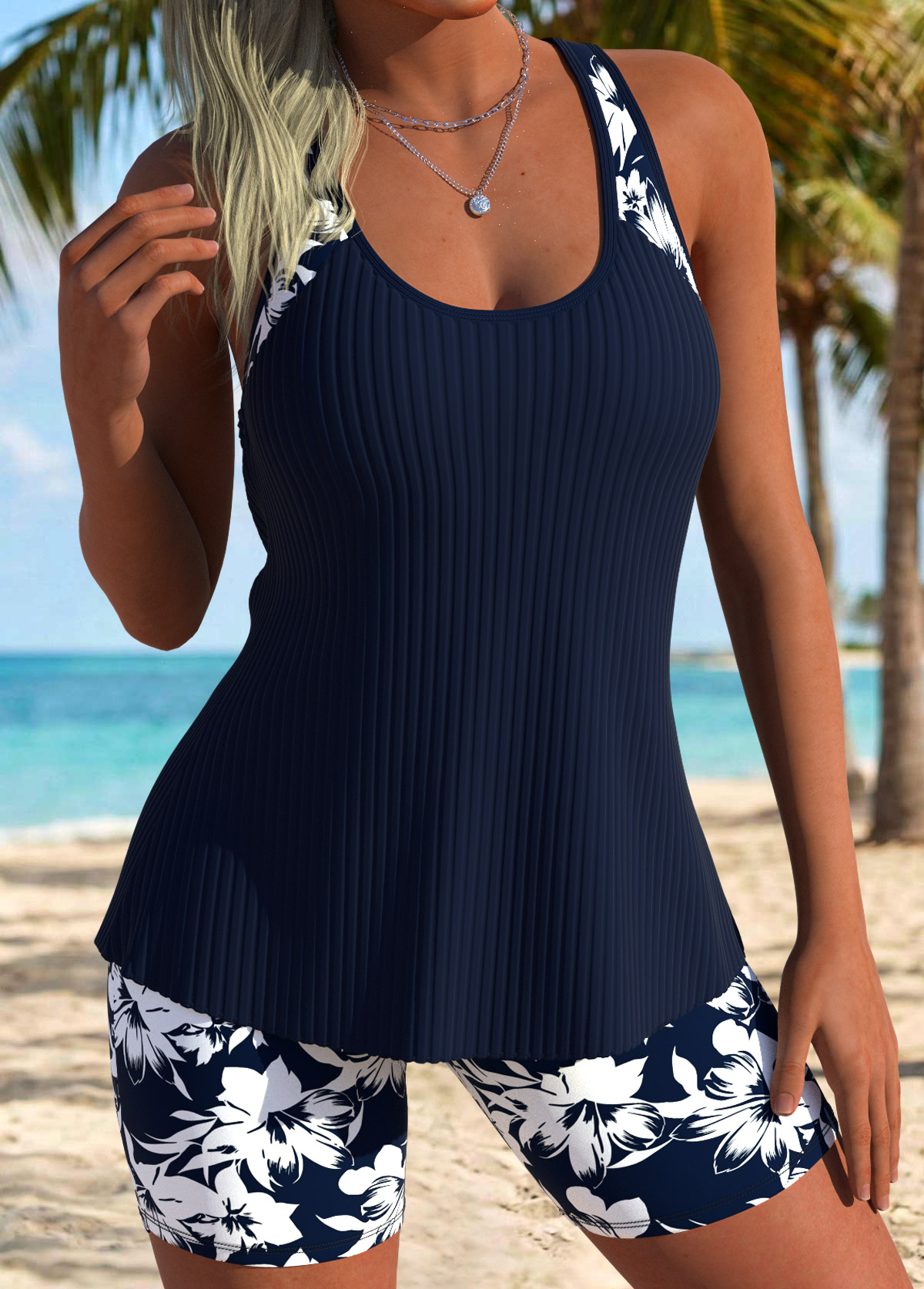 Blue swimwear,Floral swimwear,Plants swimwear,ROTITA Blue Tummy Coverage Floral Print Mid Waisted Tankini Set