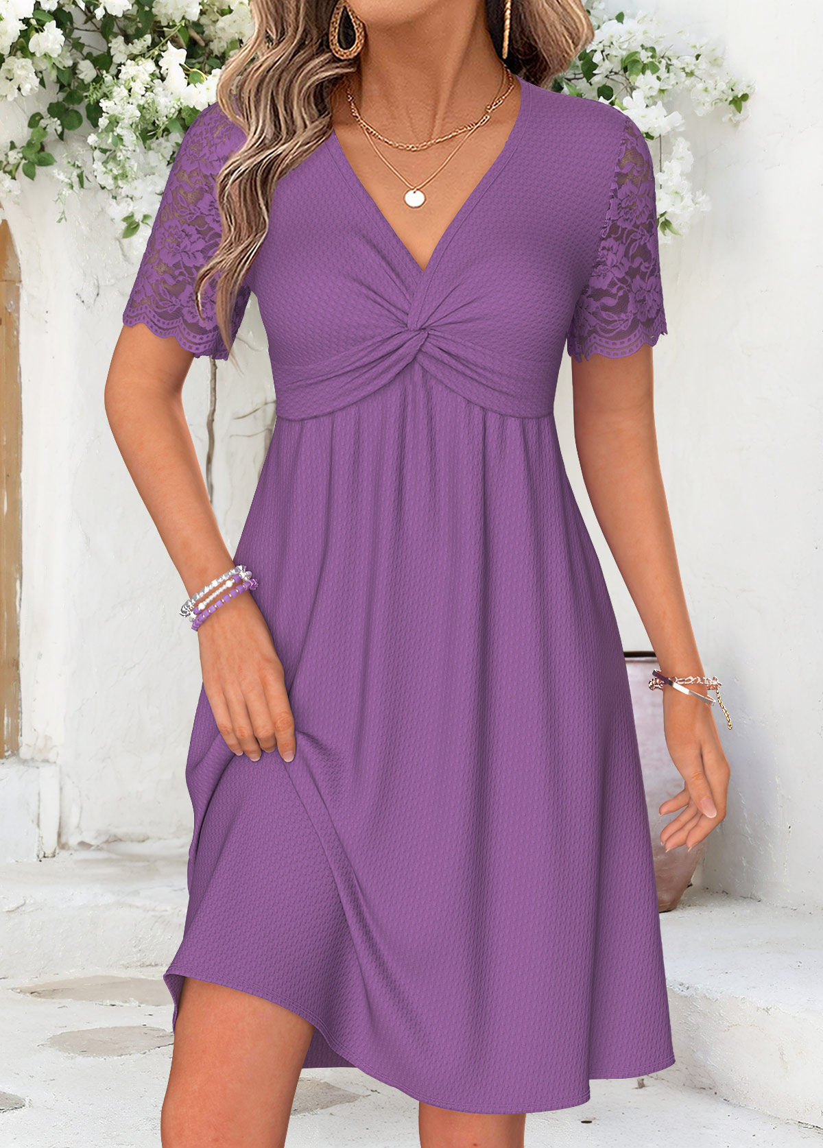 Purple dresses,Plain Color dresses,Everyday dresses,Casual dresses,ROTITA Purple Twist Short V Neck Dress