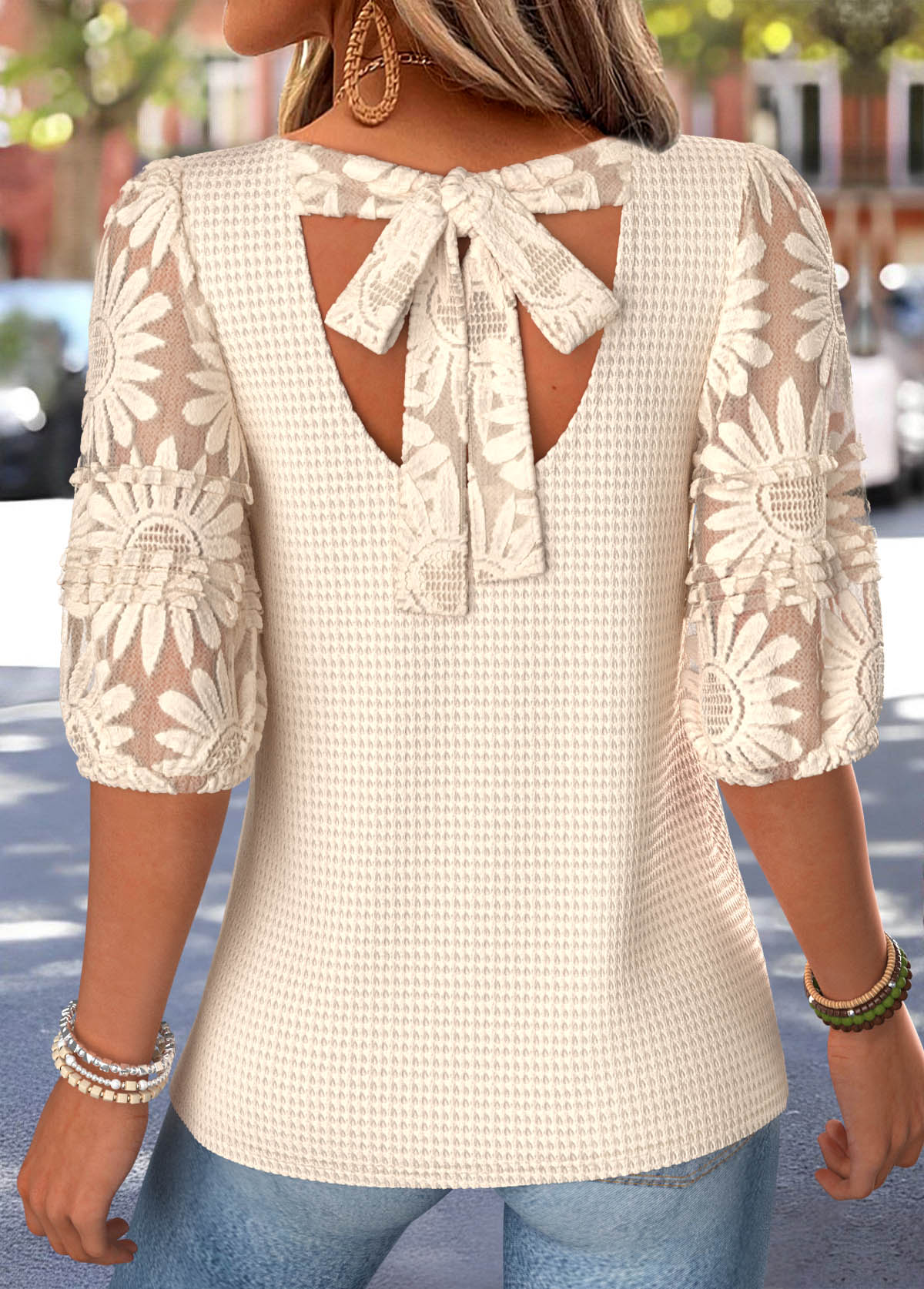 Beige tops,Plain Color tops,ROTITA Bowknot Beige Round Neck Half Sleeve T Shirt