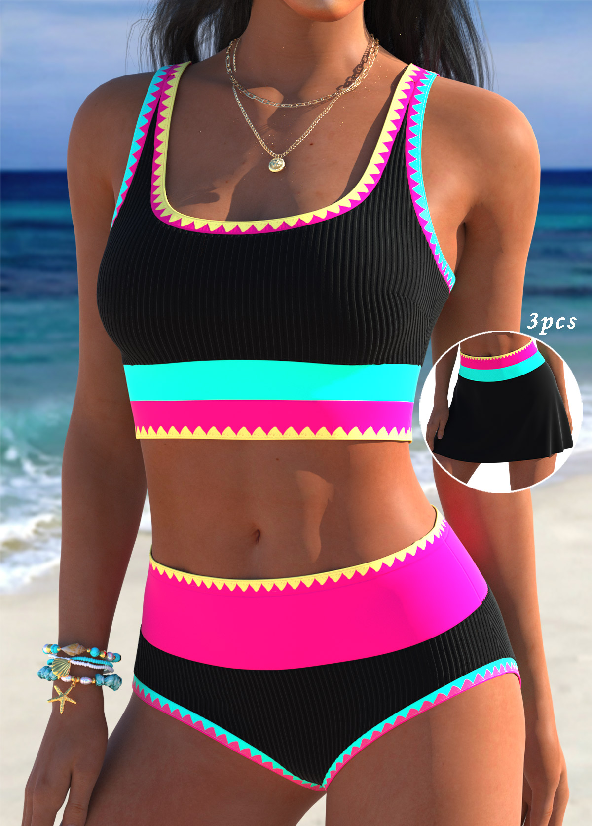 Multi Color swimwear,Plain Color swimwear,ROTITA Three-piece Multi Color Mid Waisted Bikini Set