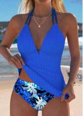 Royal Blue swimwear,Plants swimwear,ROTITA Royal Blue Leaf Print Mid Waisted Tankini Set