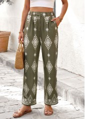 Olivgrüne Hose mit geradem Bein und Ethno-Print elastischem Bund