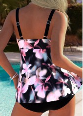 Pink swimwear,Floral swimwear,Plants swimwear,ROTITA Tummy Coverage Pink Floral Print Mid Waisted Tankini Set