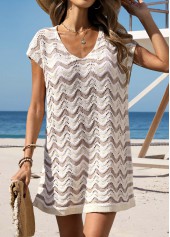 Beige swimwear,Contrast Color swimwear,Tummy Coverage Beige V Neck Cover Up