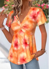 Orange tops,Floral tops,Plants tops,ROTITA Twist Floral Print Orange V Neck T Shirt