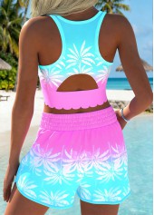Multi Color swimwear,Plants swimwear,ROTITA Multi Color Scalloped Hem Tropical Plants Print Bikini Set