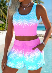 Multi Color swimwear,Plants swimwear,ROTITA Multi Color Scalloped Hem Tropical Plants Print Bikini Set