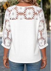 White tops,Plain Color tops,ROTITA Tummy Coverage White Round Neck 3/4 Sleeve Blouse