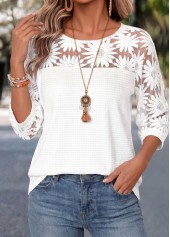 White tops,Plain Color tops,ROTITA Tummy Coverage White Round Neck 3/4 Sleeve Blouse