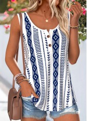 ROTITA Button Geometric Print Navy Round Neck Sleeveless Tank Top