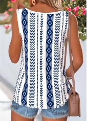 Navy tops,Geometric tops,ROTITA Button Geometric Print Navy Round Neck Sleeveless Tank Top