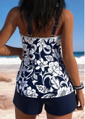Navy swimwear,Plants swimwear,Floral swimwear,ROTITA Navy Pocket Random Floral Print Mid Waisted Tankini Set