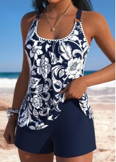 Navy swimwear,Plants swimwear,Floral swimwear,ROTITA Navy Pocket Random Floral Print Mid Waisted Tankini Set