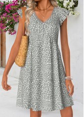ROTITA Grey Geometric Print Shirred Short V Neck Dress