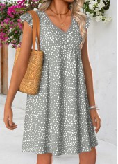 Grey dresses,Geometric dresses,Everyday dresses,Casual dresses,ROTITA Grey Geometric Print Shirred Short V Neck Dress