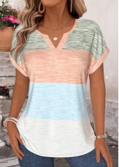 ROTITA Tummy Coverage Striped Multi Color Split Neck T Shirt