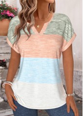 Multi Color tops,Striped tops,Geometric tops,ROTITA Tummy Coverage Striped Multi Color Split Neck T Shirt