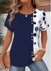ROTITA Patchwork Polka Dot Navy Round Neck T Shirt