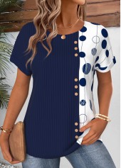 Navy tops,Dot tops,ROTITA Patchwork Polka Dot Navy Round Neck T Shirt